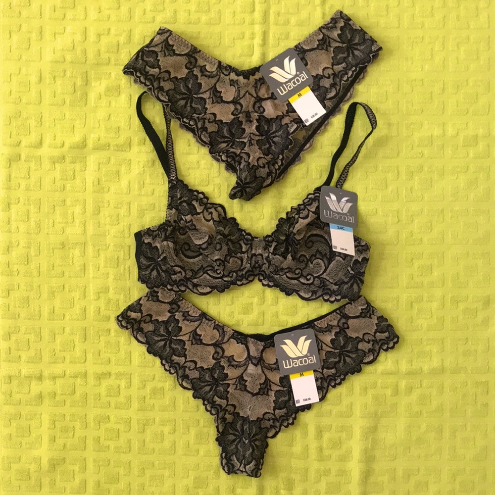 Wacoal Black and Tan Lace Underwire Bra, 34C and 2 Panties , M Set